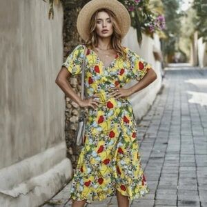 Luna Tuccini Yellow Floral Midi Dress
